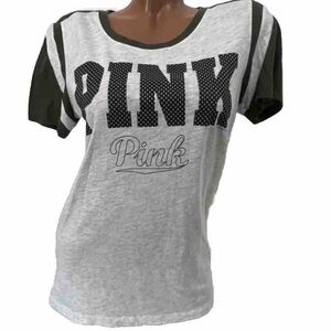 VS VICTORIAS SECRET PINK SHORT SLEEVE TEE TOP GREY POLKA DOTS XS
